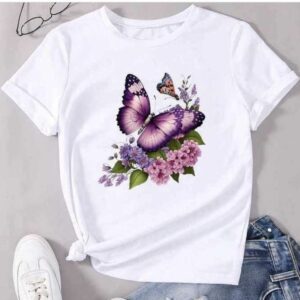 Butterfly & Floral Printed T-Shirt โ Stylish White Cotton Tee for Women & Girls