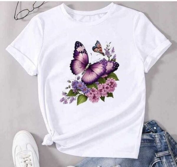 Butterfly & Floral Printed T-Shirt – Stylish White Cotton Tee for Women & Girls