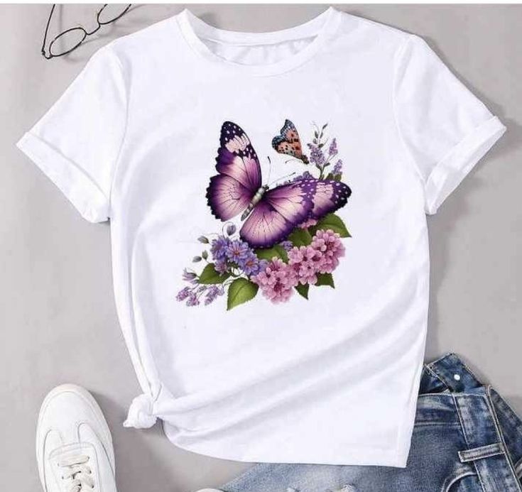 Butterfly & Floral Printed T-Shirt – Stylish White Cotton Tee for Women & Girls