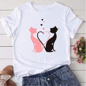Couple Cat Printed T-Shirt โ Cute Love Design White Cotton Tee